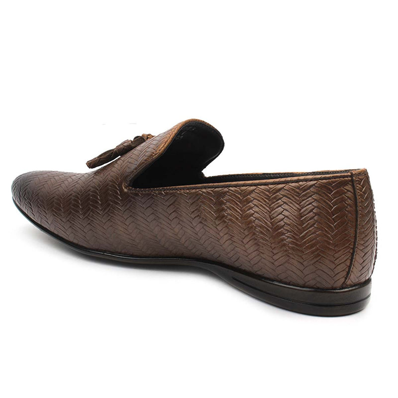 Brown Textured Tassel Loafers